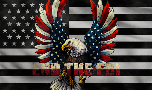 an image of a sticker with an american eagle and the text: end the fbi