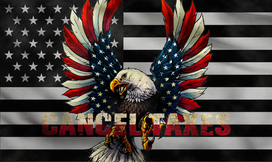 an image of a sticker with an american eagle and the text: cancel taxes