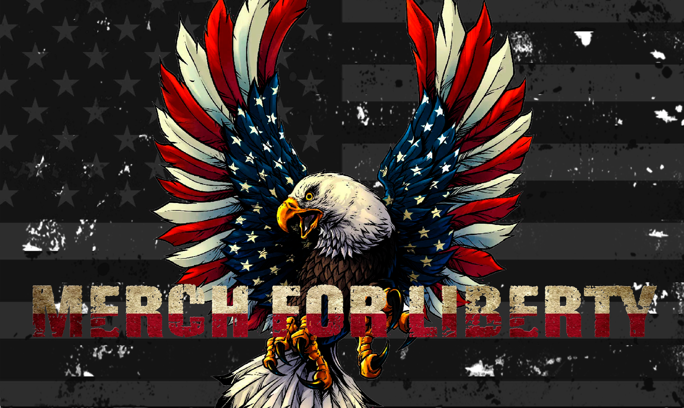 A bold eagle and additional text displaying the name of the brand: Merch for Liberty
