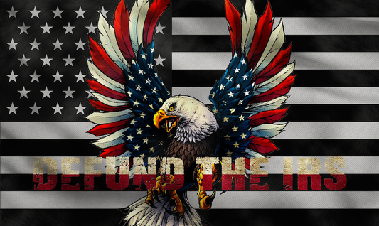 an image of a sticker with an american eagle and the text: defund the irs