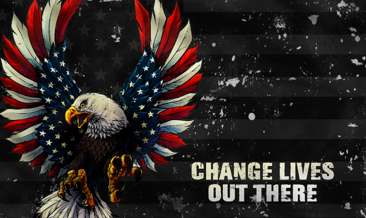 an image of a sticker with an american eagle and the text: change lives out there