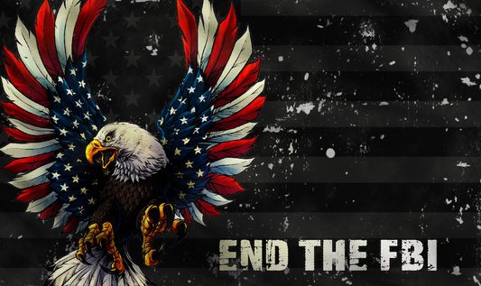 an image of a sticker with an american eagle and the text: end the fbi
