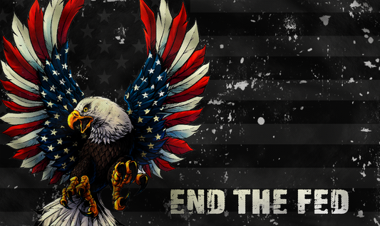 an image of a sticker with an american eagle and the text: end the fed